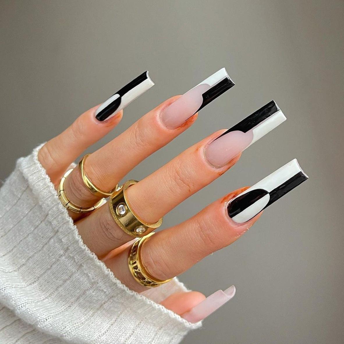 Simple Black And White Color Matching Long Nails Removable Nail Tip - MAXIME