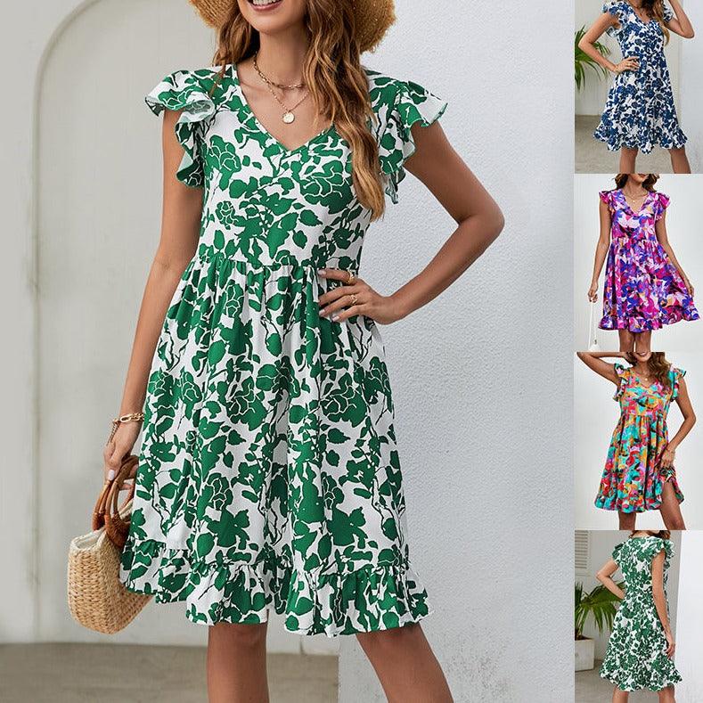 Leaf Print Dress Summer V-neck - MAXIME