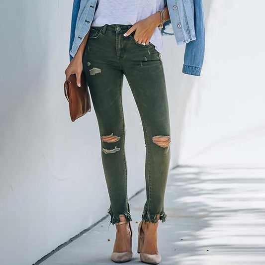 New Dark Green Raw Design Ripped Jeans - MAXIME