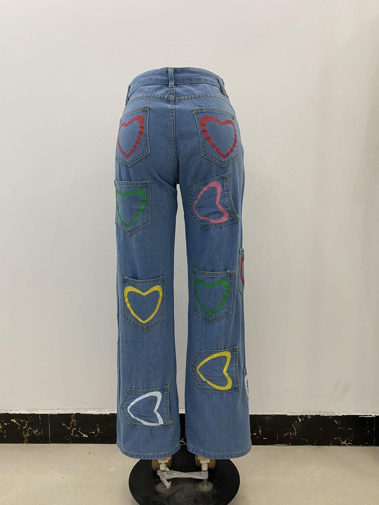 Multi-pocket Colorful Heart Print Jeans - MAXIME