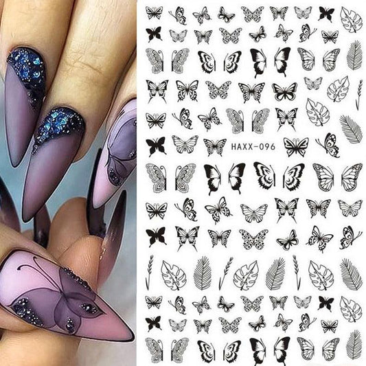 Black Butterfly Nails Stickers Decals White Flower Adhesive Manicure - MAXIME