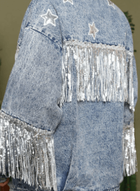 Multicolor Denim Coat Star Sequins Tassel Jacket - MAXIME