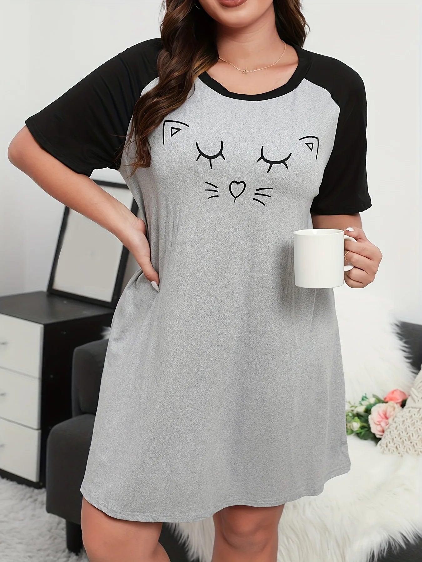 Women's Plus Cartoon Cat Print Raglan Short Sleeve - MAXIME