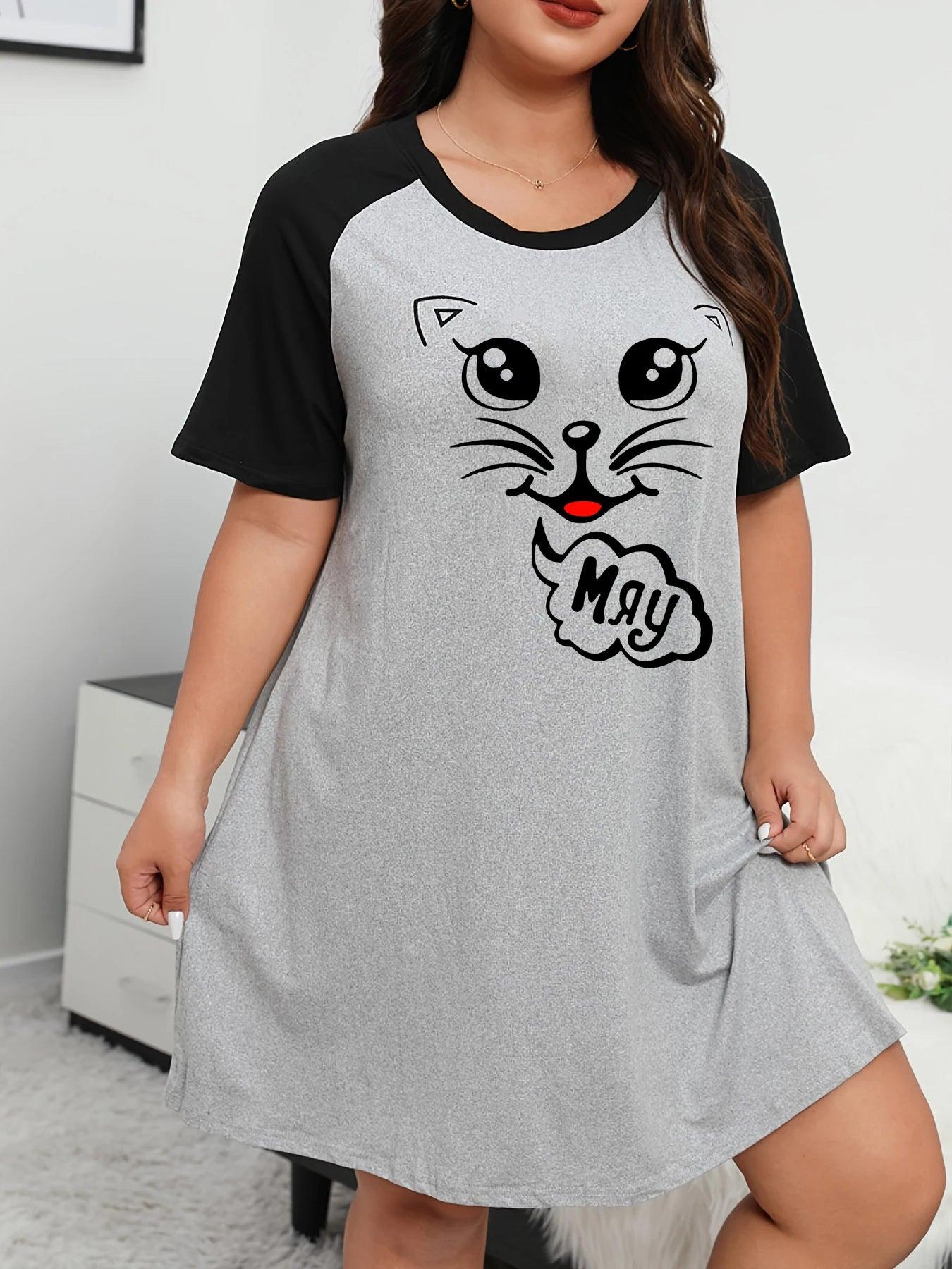 Women's Plus Cartoon Cat Print Raglan Short Sleeve - MAXIME