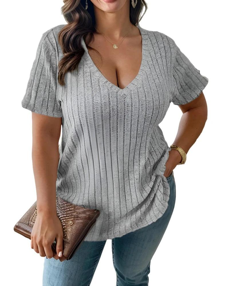 Cross Border Plus Size Women's V Neck Striped Tops T Shirts - MAXIME