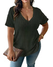 Cross Border Plus Size Women's V Neck Striped Tops T Shirts - MAXIME