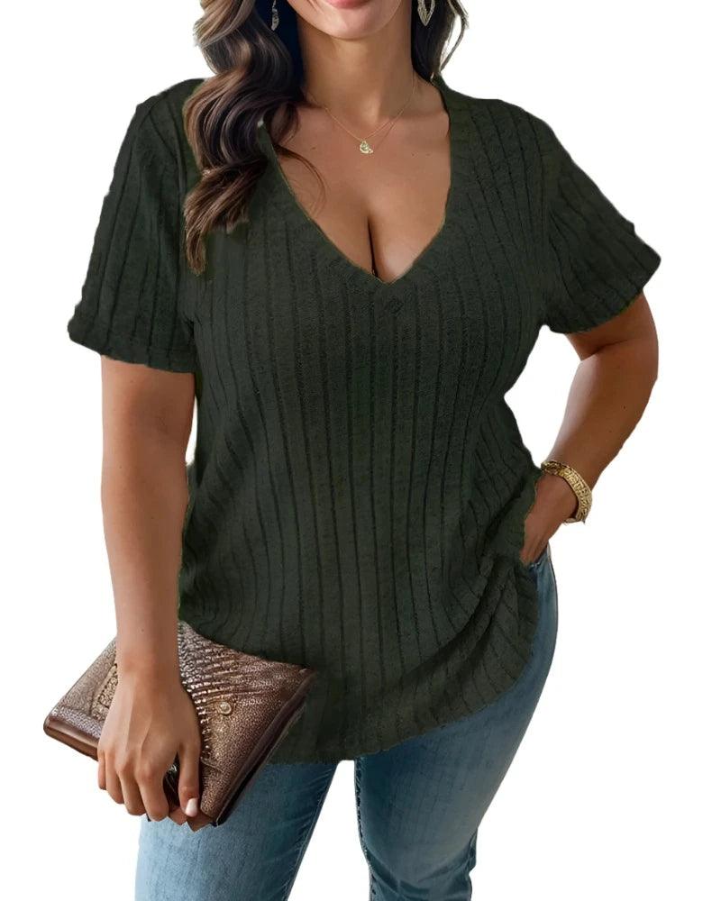 Cross Border Plus Size Women's V Neck Striped Tops T Shirts - MAXIME