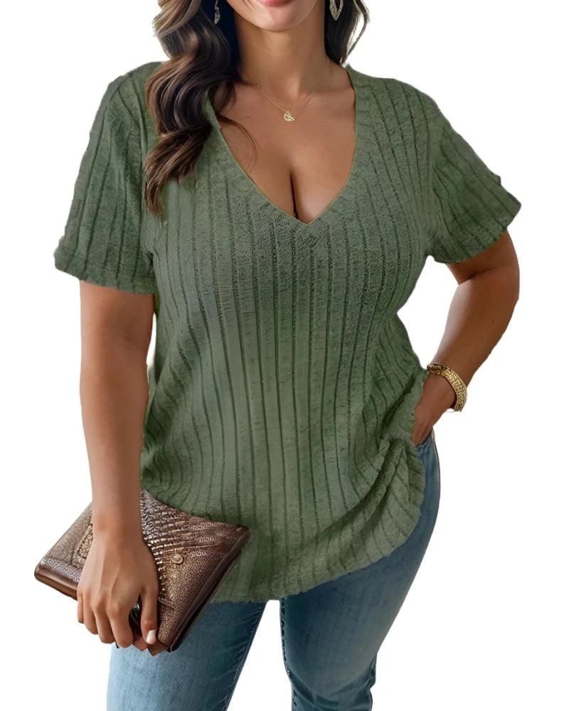 Cross Border Plus Size Women's V Neck Striped Tops T Shirts - MAXIME