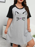 Women's Plus Cartoon Cat Print Raglan Short Sleeve - MAXIME