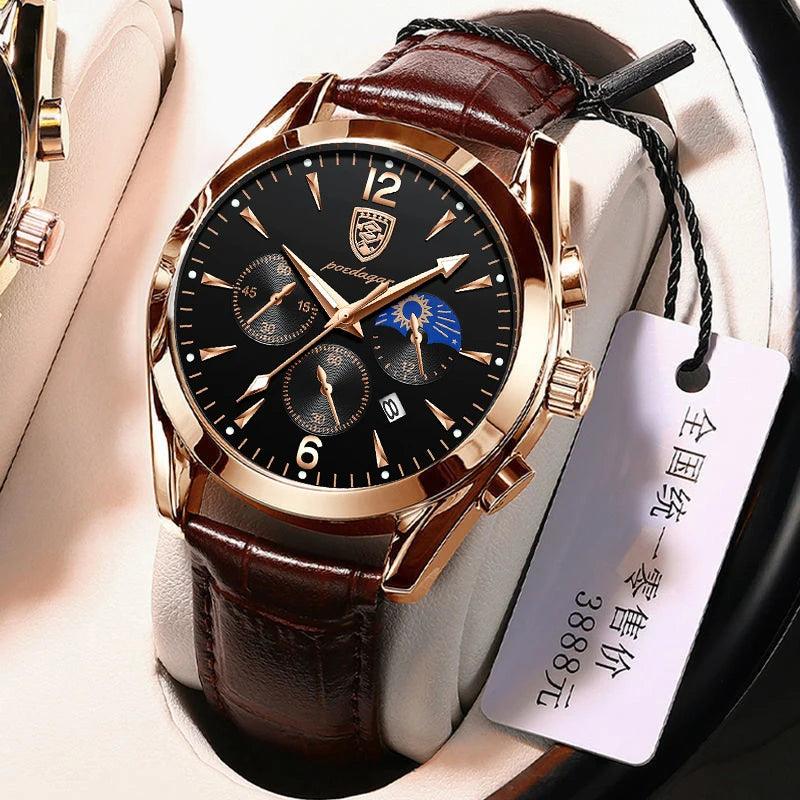 POEDAGAR Fashion Men's Watch Leather Top Brand Luxury Waterproof Sports Mens - MAXIME