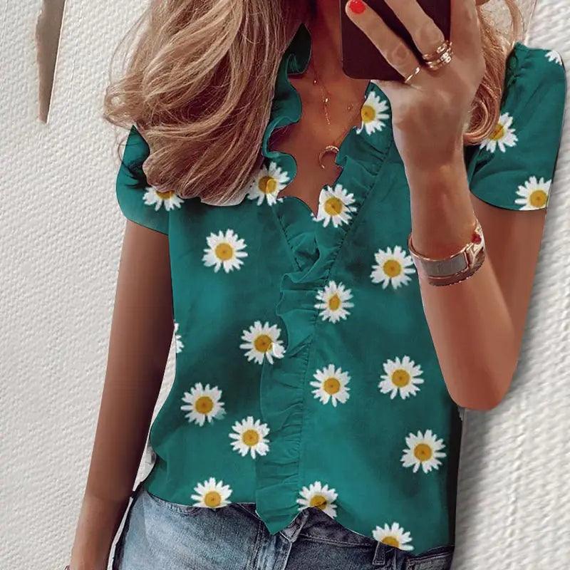 Lady Short Sleeve V Neck Shirts Casual Loose Elegant Basic Tops - MAXIME