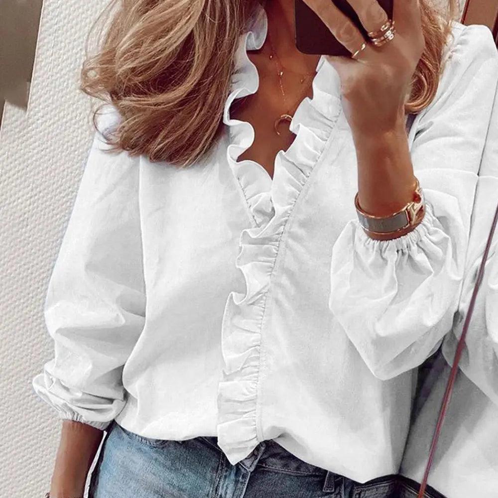 Lady Short Sleeve V Neck Shirts Casual Loose Elegant Basic Tops - MAXIME