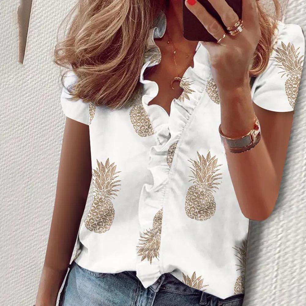 Lady Short Sleeve V Neck Shirts Casual Loose Elegant Basic Tops - MAXIME