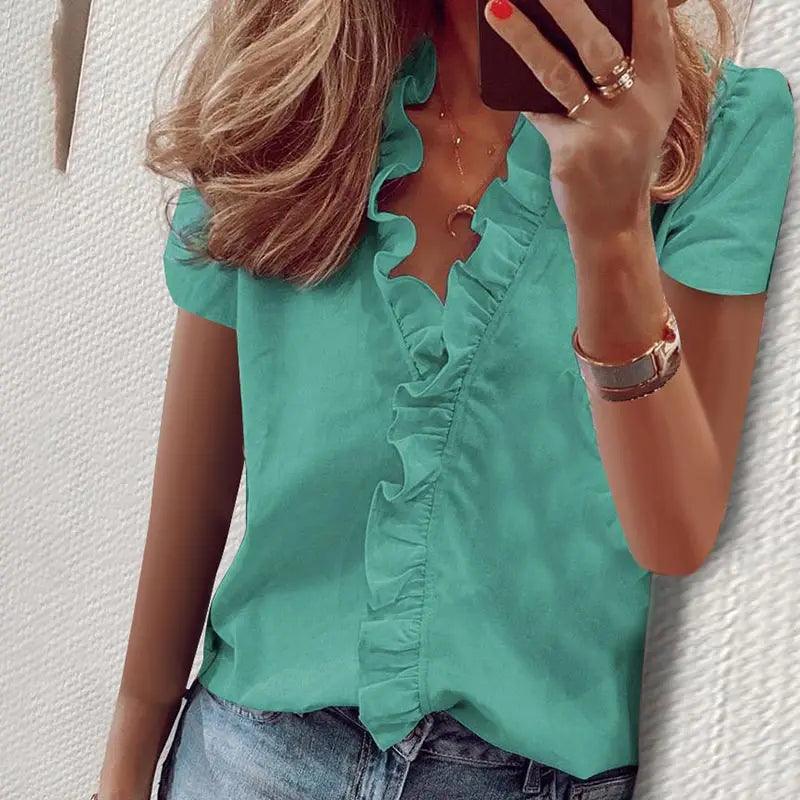 Lady Short Sleeve V Neck Shirts Casual Loose Elegant Basic Tops - MAXIME