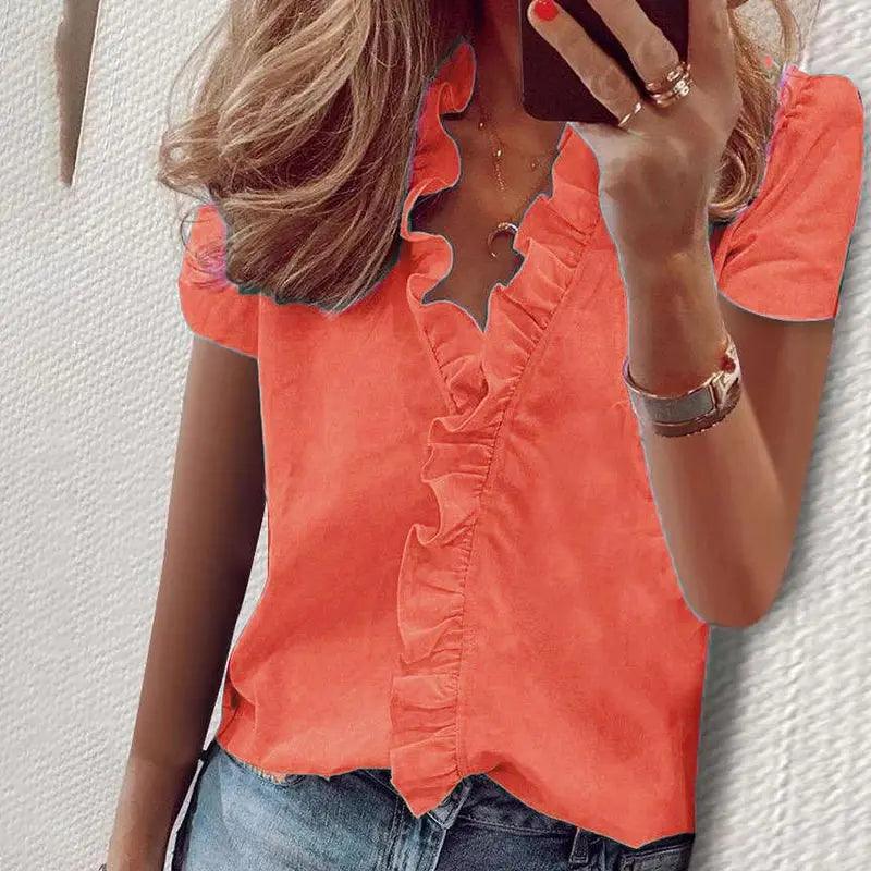 Lady Short Sleeve V Neck Shirts Casual Loose Elegant Basic Tops - MAXIME