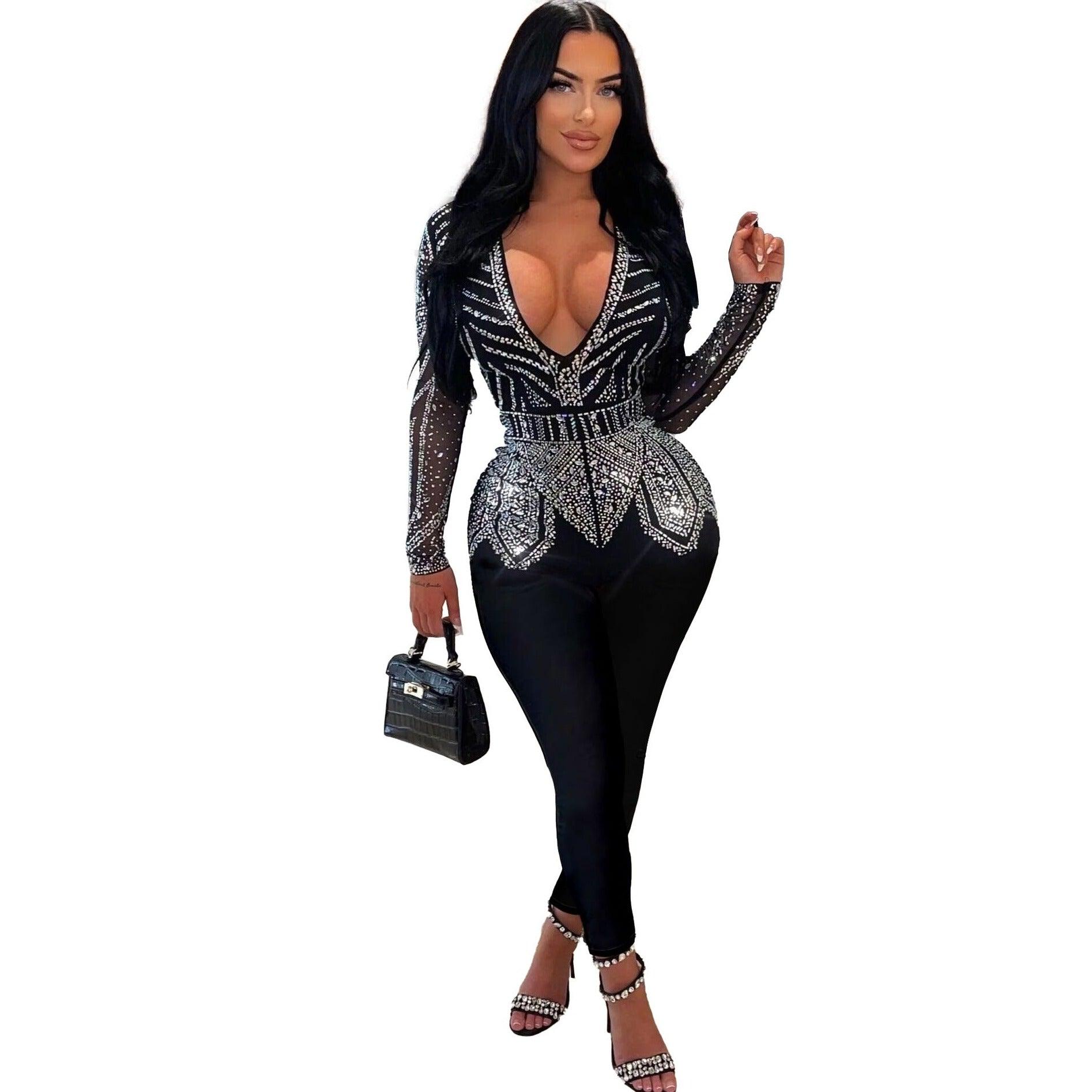 Maxime Rhinestone V-neck Stretch Tight Jumpsuit - MAXIME