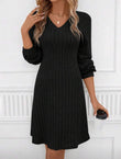 Maxime V-neck Long-sleeved Stripe Loose Dress - MAXIME