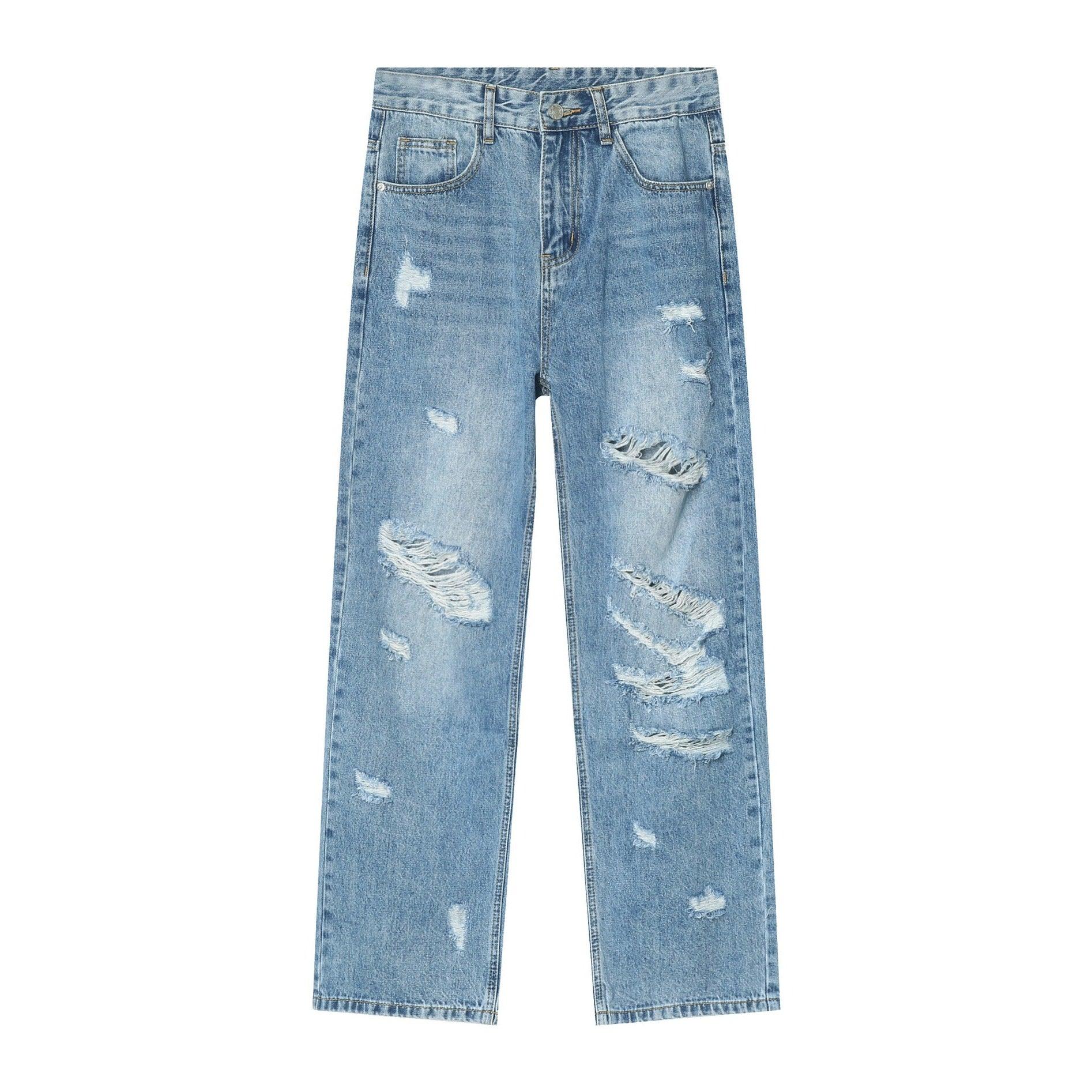 Washed Blue With Holes Straight Jeans For Men - MAXIME