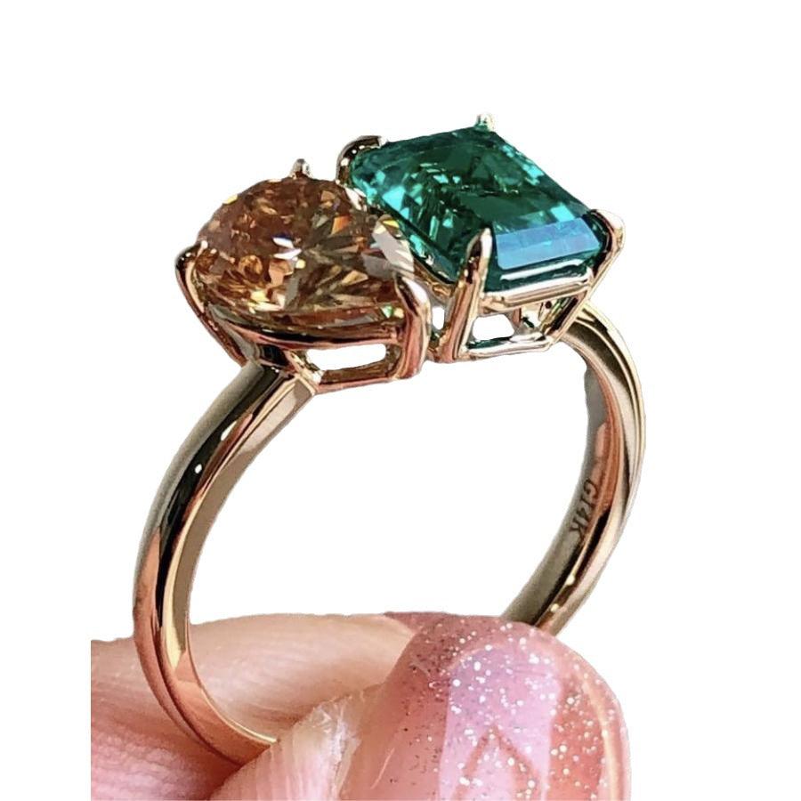 Double Main Stone Lady Green Yellow Zircon Square Stone Ring - MAXIME