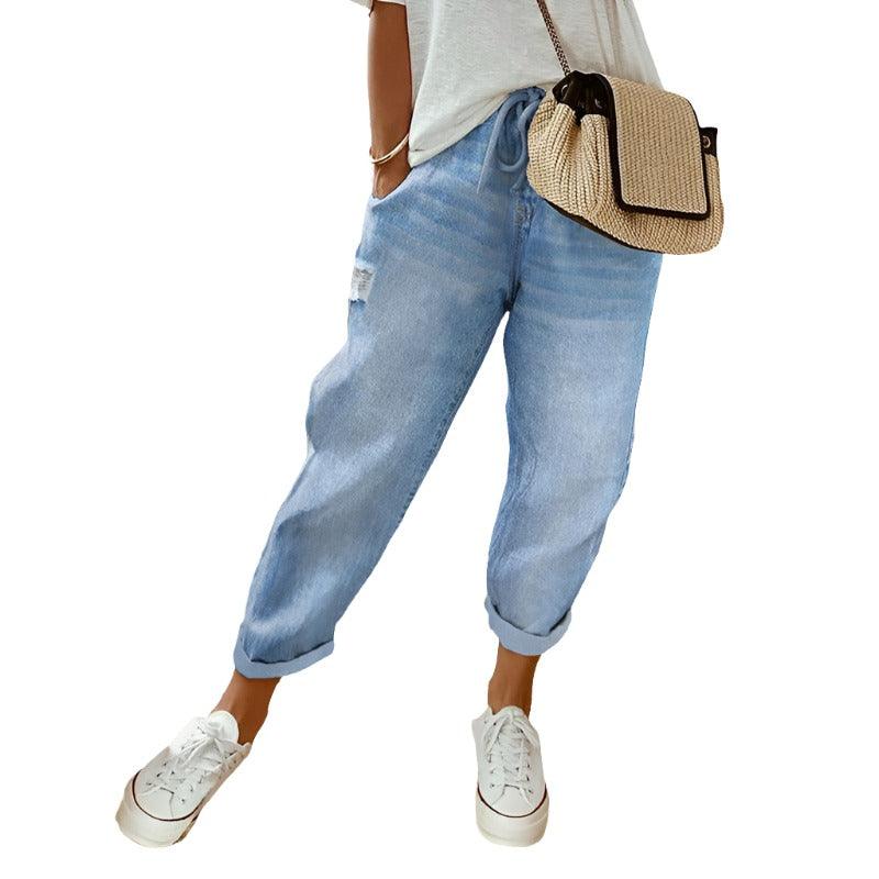 All-match Solid Color Drawstring Wash Denim Trousers For Women - MAXIME