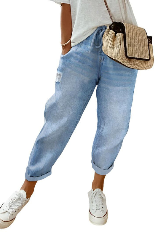 All-match Solid Color Drawstring Wash Denim Trousers For Women - MAXIME