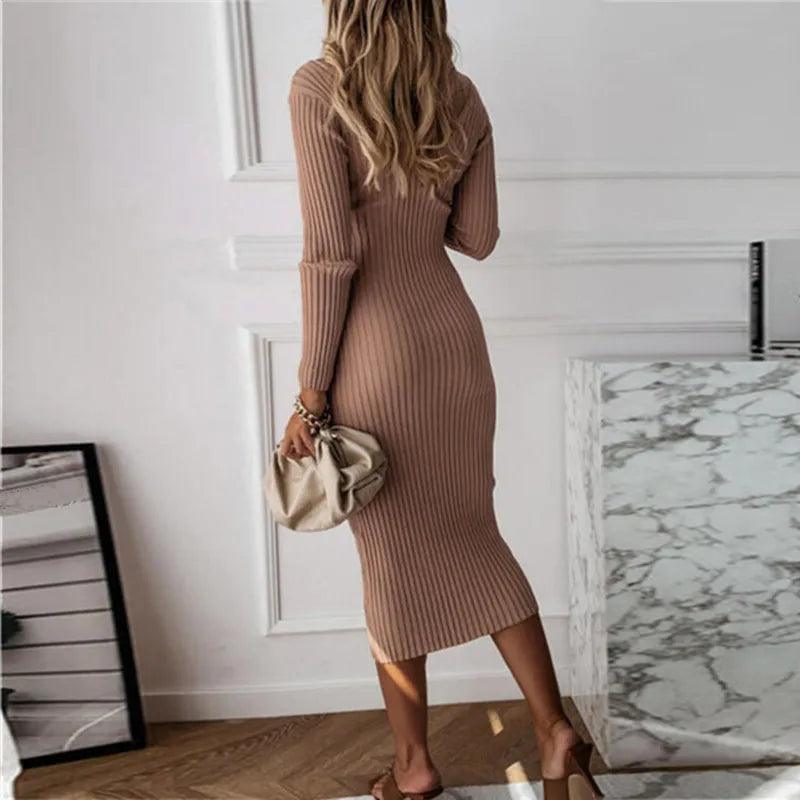 V Neck Vintage Solid Slim Dress Elegant Knitted Zipper Bodycon - MAXIME