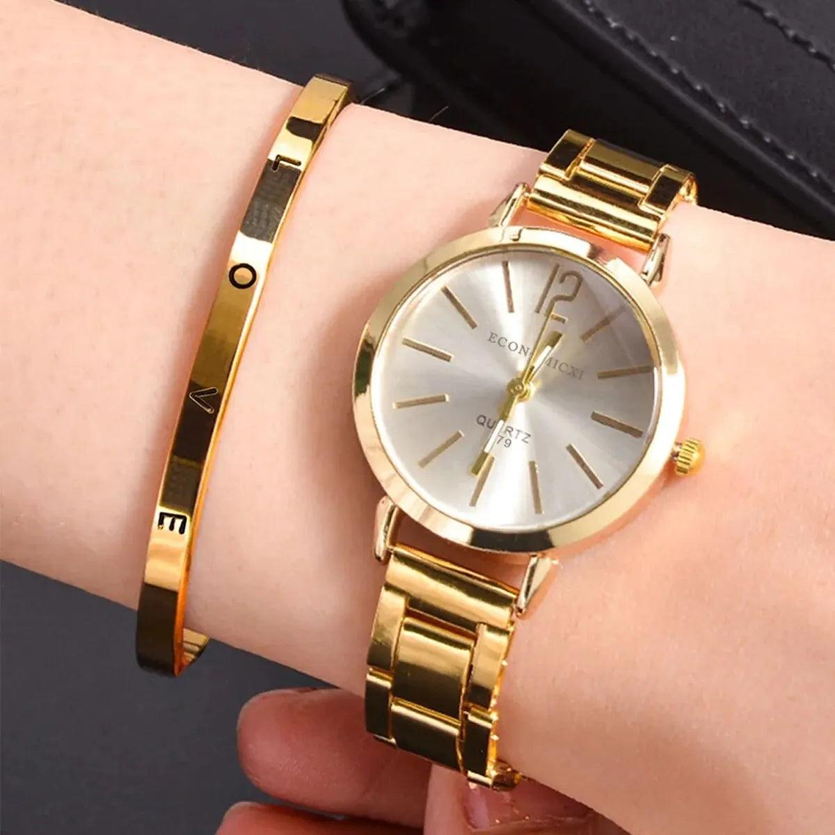 Maxime 2pcs Set Watch Luxury Women Simple Dial Hollow Strap Fashion Gold Bracelet Quartz Wristwatch Student Ladies Watches Reloj Mujer - MAXIME