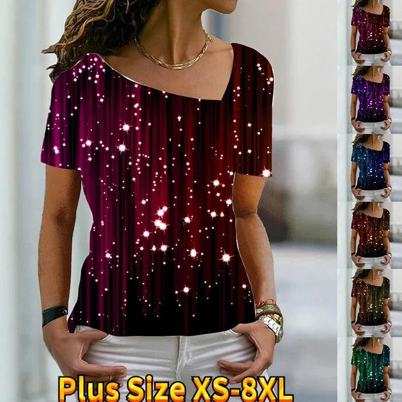 New Glitter Bright Diamond Print Theme Short Sleeve T-Shirt V-Neck Basic Shirt Top Summer XS-8XL - MAXIME