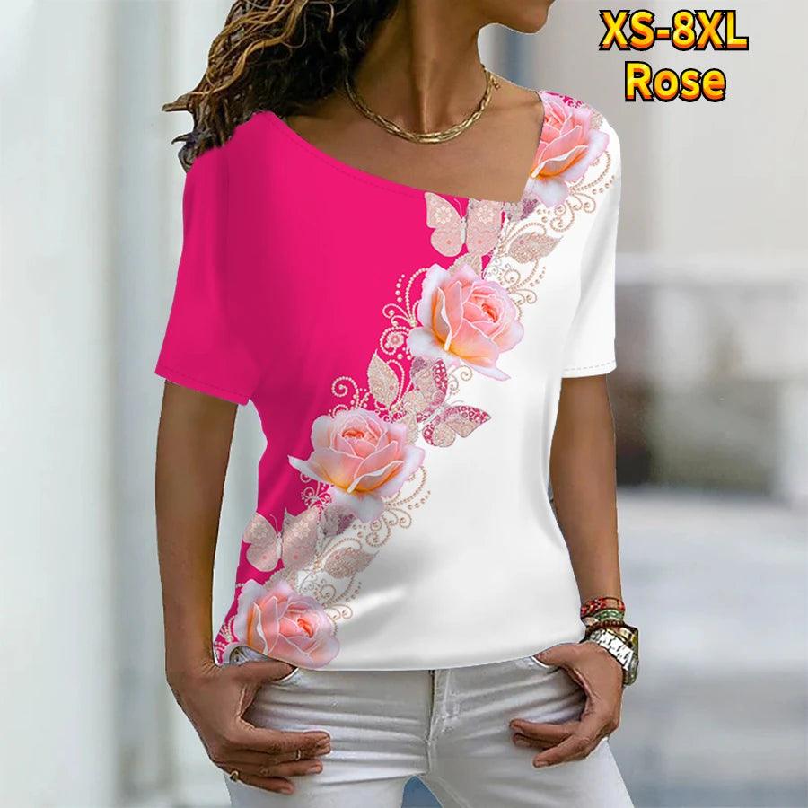 Women's Floral Painting T Shirt Rose Floral Print V Neck Basic Tops Short Sleeve T-shirt XS-8XL/3D Printing - MAXIME