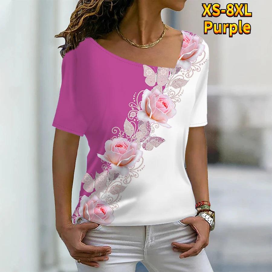 T Shirt Rose Floral Print V Neck Basic Tops Short Sleeve T-shirt XS-8XL/3D Printing - MAXIME