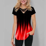 Womens Short Sleeve Blouse Printed Gradient V Neck Cross Strap - MAXIME