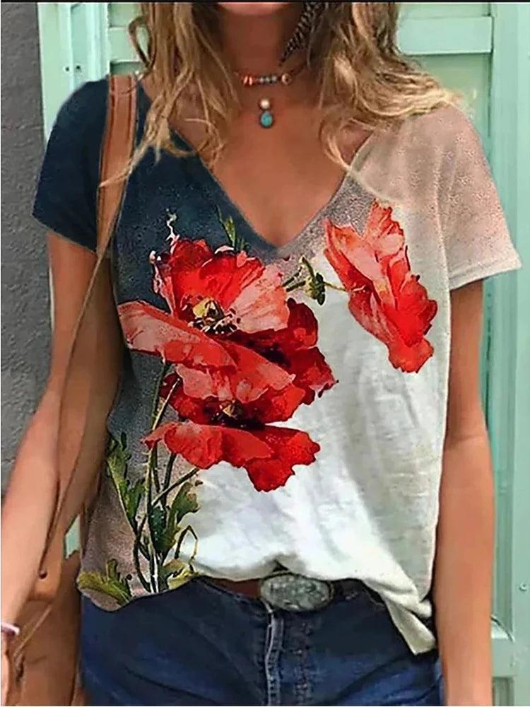 Women's T-Shirt Summer New Casual Short-Sleeved Flower - MAXIME