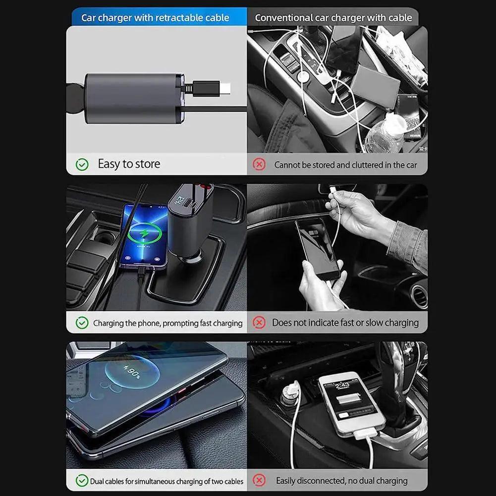 Retractable Car Fast Charger USB Type C Cable For Samsung S21 S22 S23 IPhone 13 14 Pro Max - MAXIME