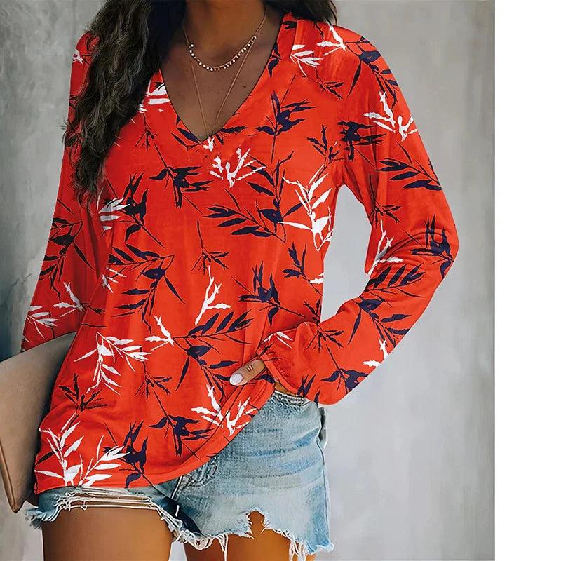 Women's Tops T Shirt Tee Leaves Print Floral Painting Sports Streetwear Print Casual V Neck Long Sleeve Basic Essential XS-8XL - MAXIME