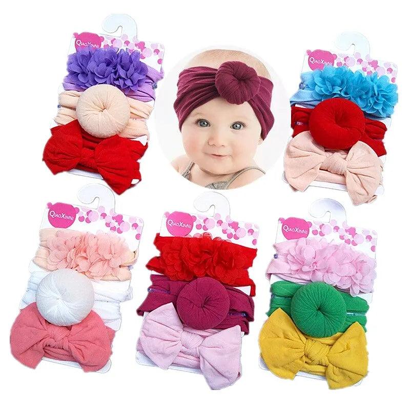 Maxime 3pcs/set Elastic Chiffon Flower Headbands For Baby Girls Hair Accessories Baby Girls Bows Nylon Solid Color Turban Hair Band - MAXIME