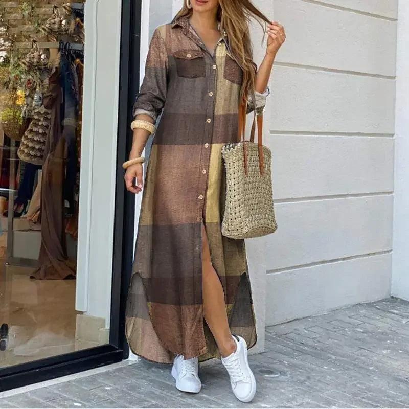 Women Long Sleeve Shirt Dress Spring Single Breasted Button Party Female Maxi - MAXIME