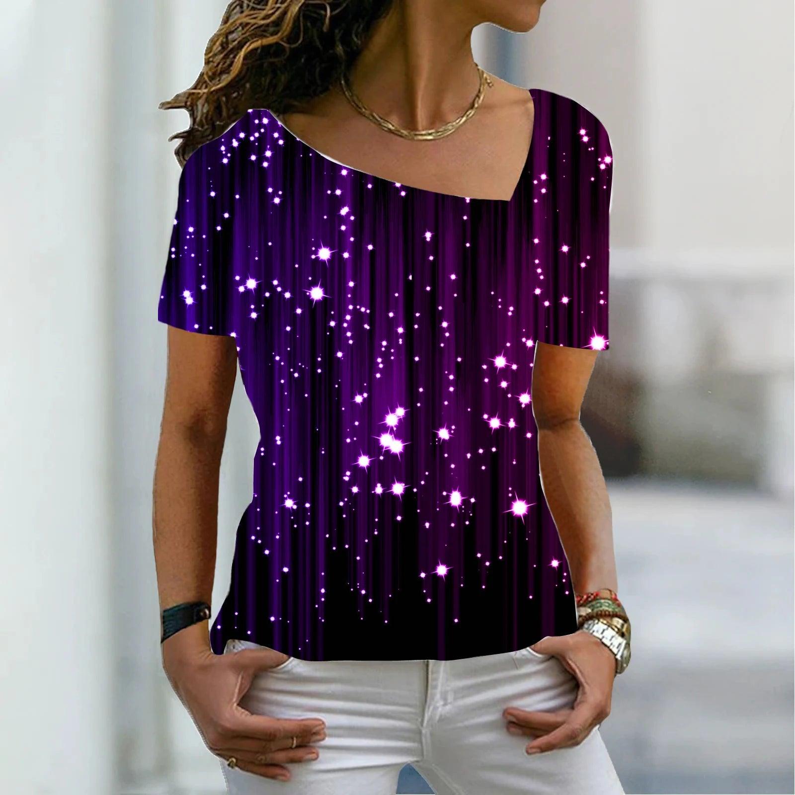 New Glitter Bright Diamond Print Theme Short Sleeve T-Shirt V-Neck Basic Shirt Top Summer XS-8XL - MAXIME