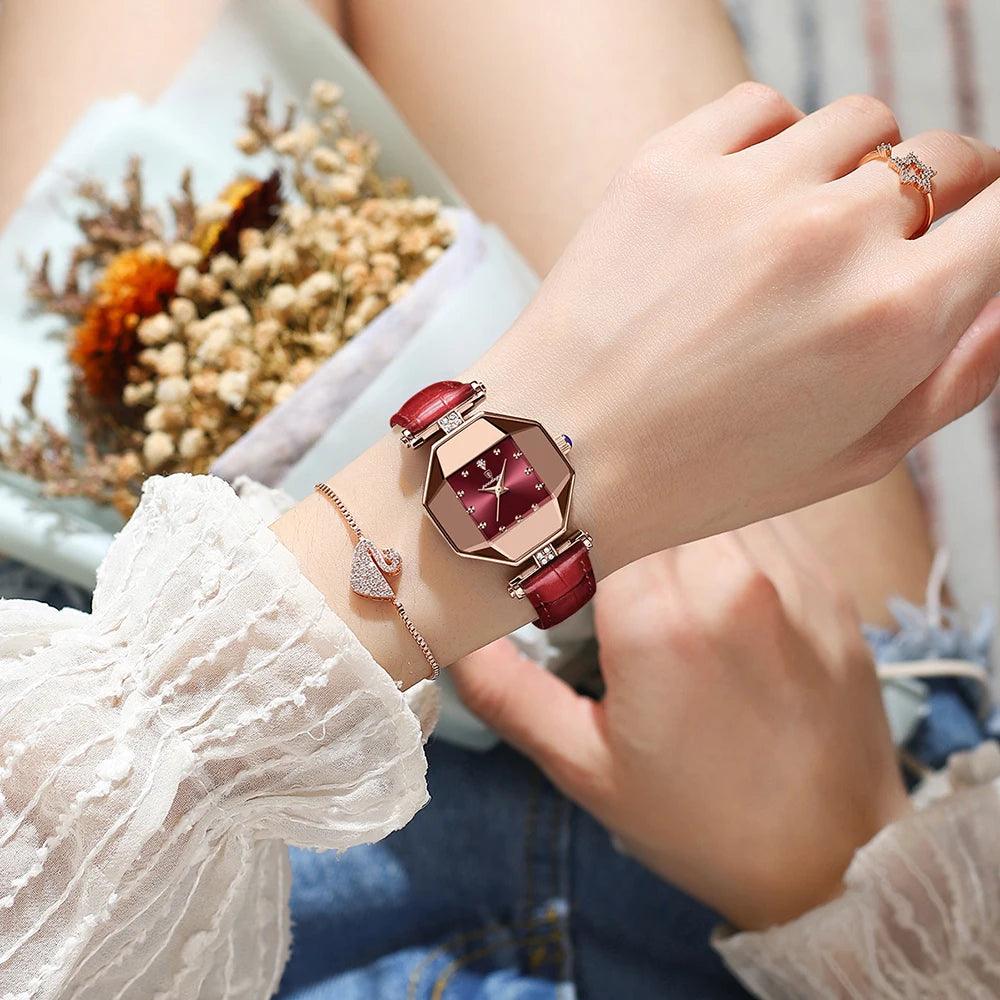 Luxury Quartz Watch Girl's Elegant Fashion Red Dial Waterproof Ladies Leather Watches - MAXIME