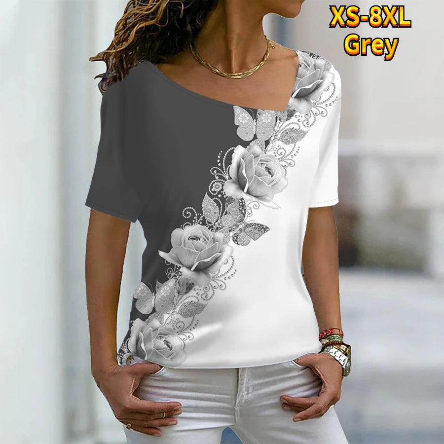 Women's Floral Painting T Shirt Rose Floral Print V Neck Basic Tops Short Sleeve T-shirt XS-8XL/3D Printing - MAXIME