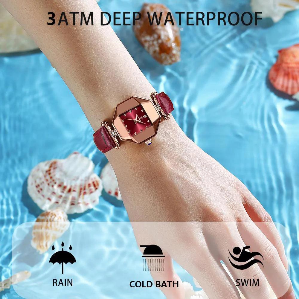 Luxury Quartz Watch Girl's Elegant Fashion Red Dial Waterproof Ladies Leather Watches - MAXIME