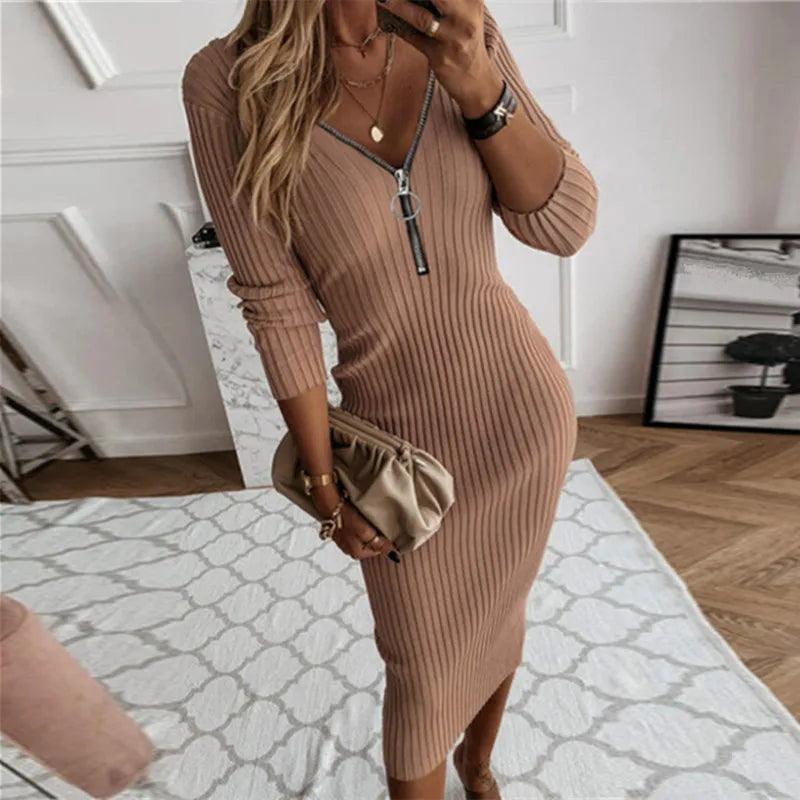 V Neck Vintage Solid Slim Dress Elegant Knitted Zipper Bodycon - MAXIME