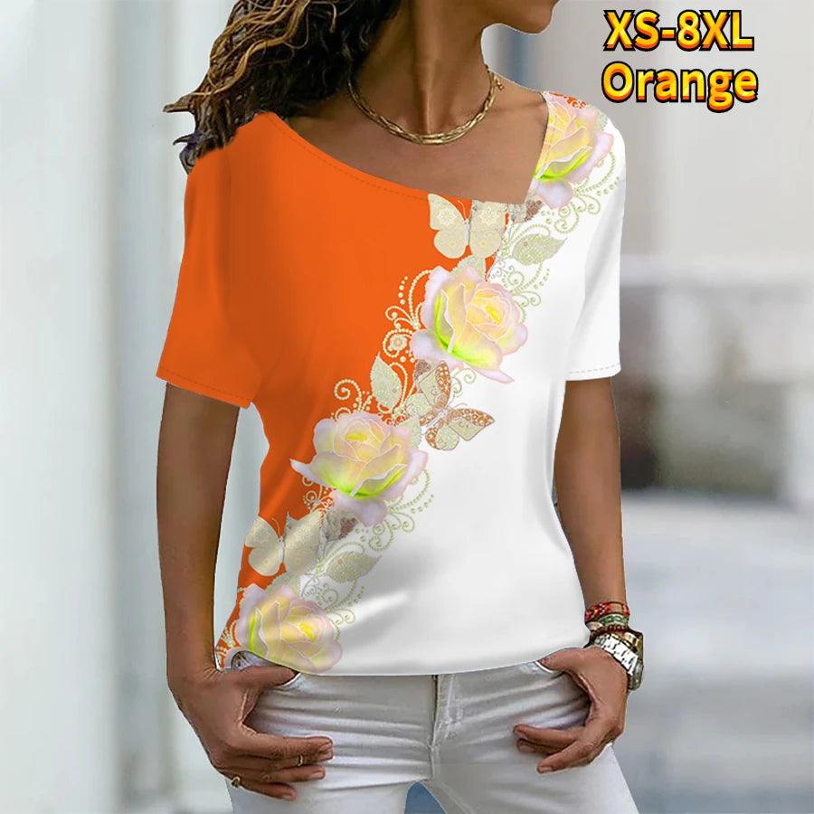 T Shirt Rose Floral Print V Neck Basic Tops Short Sleeve T-shirt XS-8XL/3D Printing - MAXIME