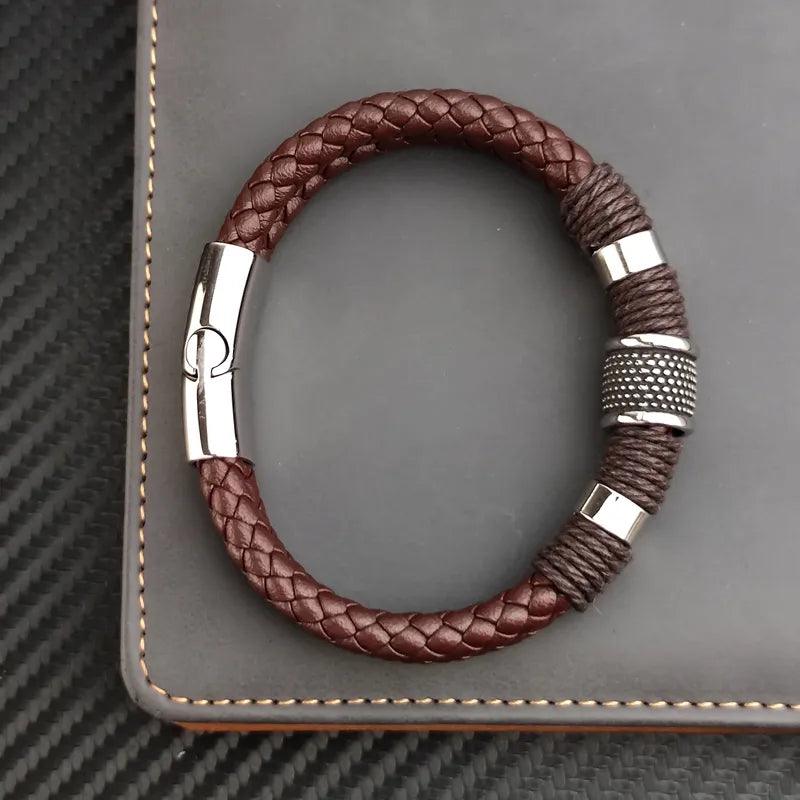 Leather Men Bracelet Stone Bead Bracelet Stainless Steel Jewelry Male Wrist Bangle Gift - MAXIME