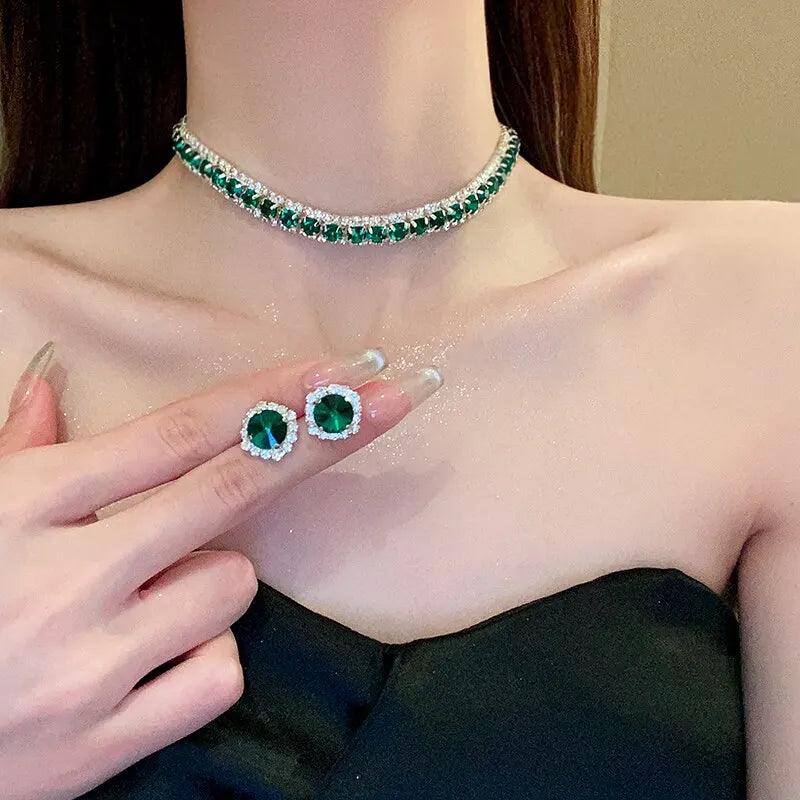 Maxime Luxury Green Rhinestone Necklace Stud Earrings For Women Crystal Choker Necklaces Ladies Fashion Weddings Banquet Jewelry Set - MAXIME