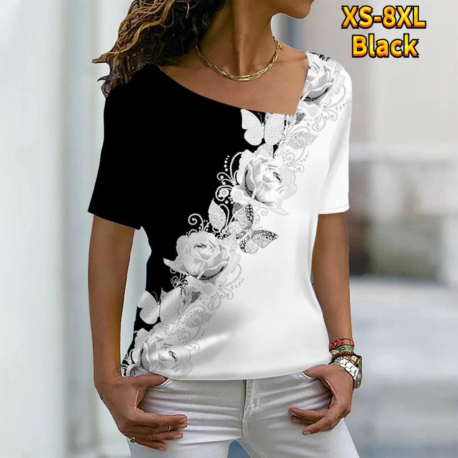 T Shirt Rose Floral Print V Neck Basic Tops Short Sleeve T-shirt XS-8XL/3D Printing - MAXIME