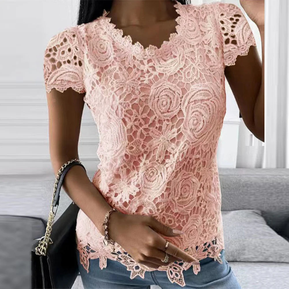 Women Fashion Lace Round Neck Tops T-Shirt Ladies Summer Casual Short Sleeve Blouse - MAXIME