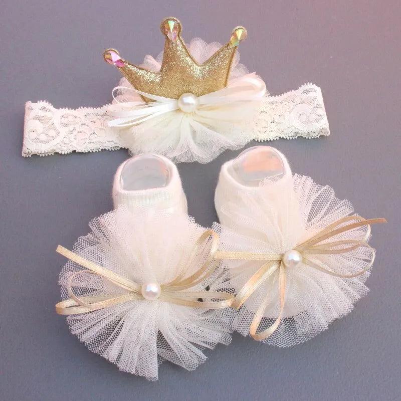 Maxime 2 Pcs/Set Crown Baby Headband Socks Lace Bows Newborn Infant Girl Socks Hairband Set Kids Hair Accessories - MAXIME