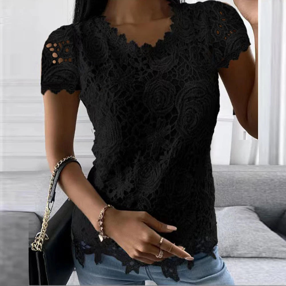 Women Fashion Lace Round Neck Tops T-Shirt Ladies Summer Casual Short Sleeve Blouse - MAXIME