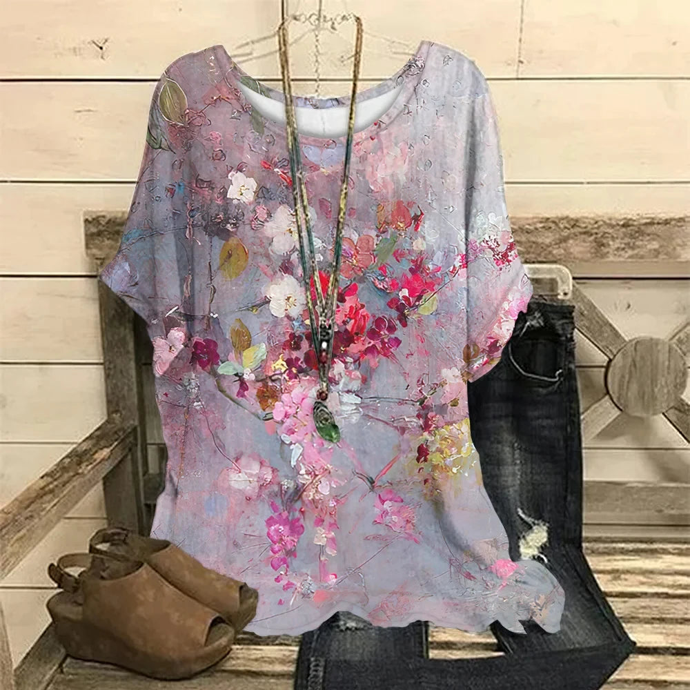 Women T-Shirt O-Neck Plus Size Top Elegant Flower - MAXIME