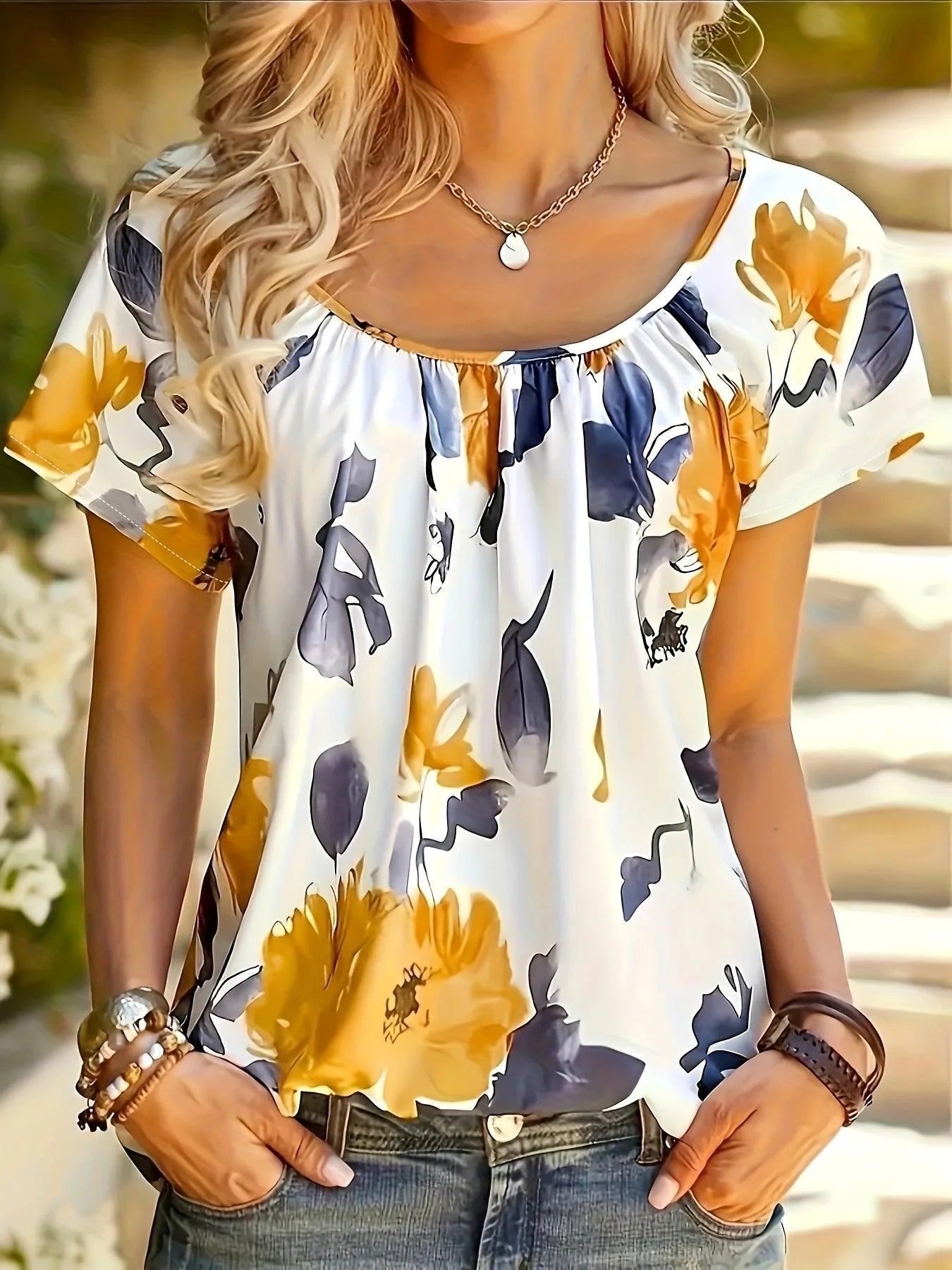 Women's Casual Print Short Sleeve Round Neck T-shirt - MAXIME